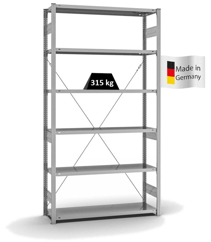 PROREGAL Fachbodenregal Stecksystem MAGNUS Germany | HxBxT 250x130x40cm | 6 Ebenen | Fachlast 315 kg | Einseitig nutzbar | Verzinkt