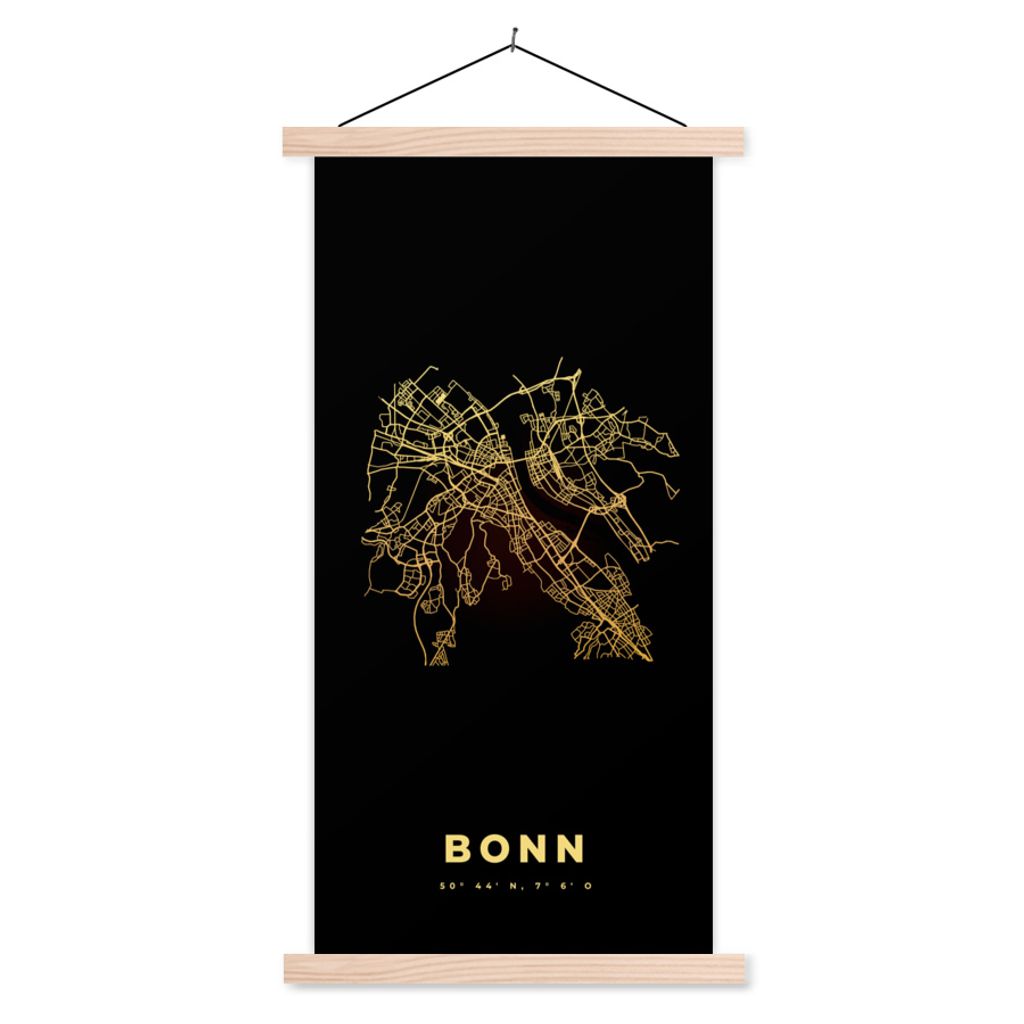 MuchoWow Textilposter Bonn - Stadtplan - Gold - Karte 60x120 cm mit holzfarbenen Rahmen - Holz
