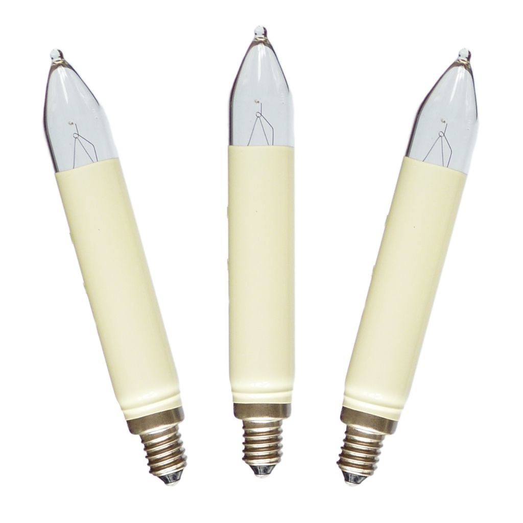 Three candle-shaped light bulbs with cream-colored bases and clear glass tops, arranged diagonally against a white background.