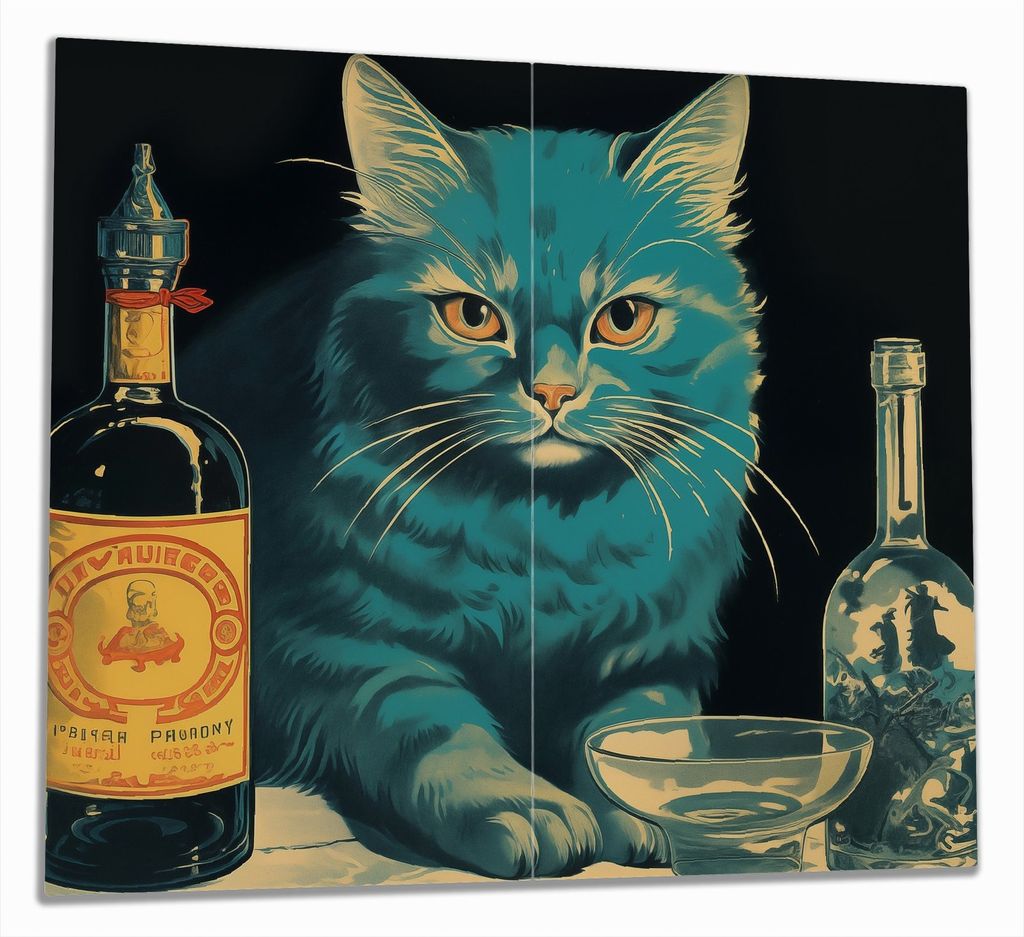 Wallario Herdabdeckplatte aus Glas, Größe 60 x 52 cm 2-teilig, Motiv Absinth trinkende Katze