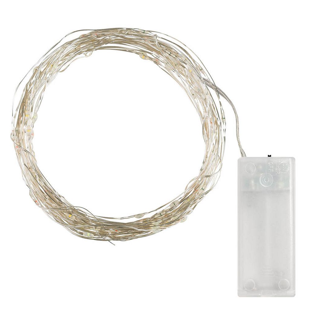A coiled string of LED lights with a battery pack.
