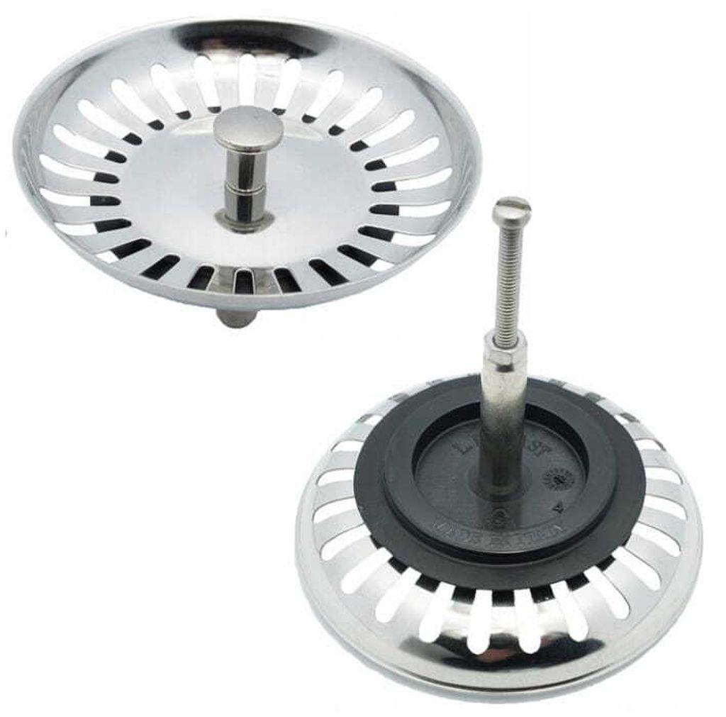 Two sink strainers are shown against a white background. One is shown from the top, and the other from the bottom.