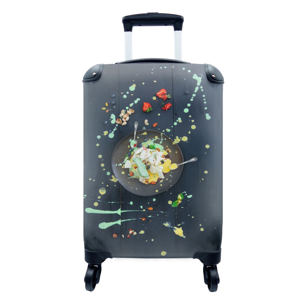 MuchoWow Koffer Handgepäck Trolley Rollkoffer Kleine Reisekoffer mit 4 Rollen - Meringues auf einem Teller mit Sauce und Obst - Cabin Size < 55x...