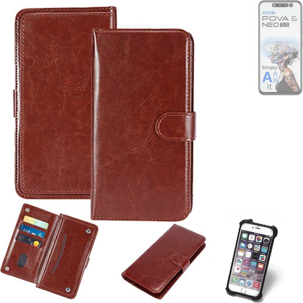 K-S-Trade 360° Hülle kompatibel mit Tecno Pova 6 Neo 5G braun Kunstleder Case BookCase WalletCase Kunstlederederhülle Handyhülle, Rundumschutz
