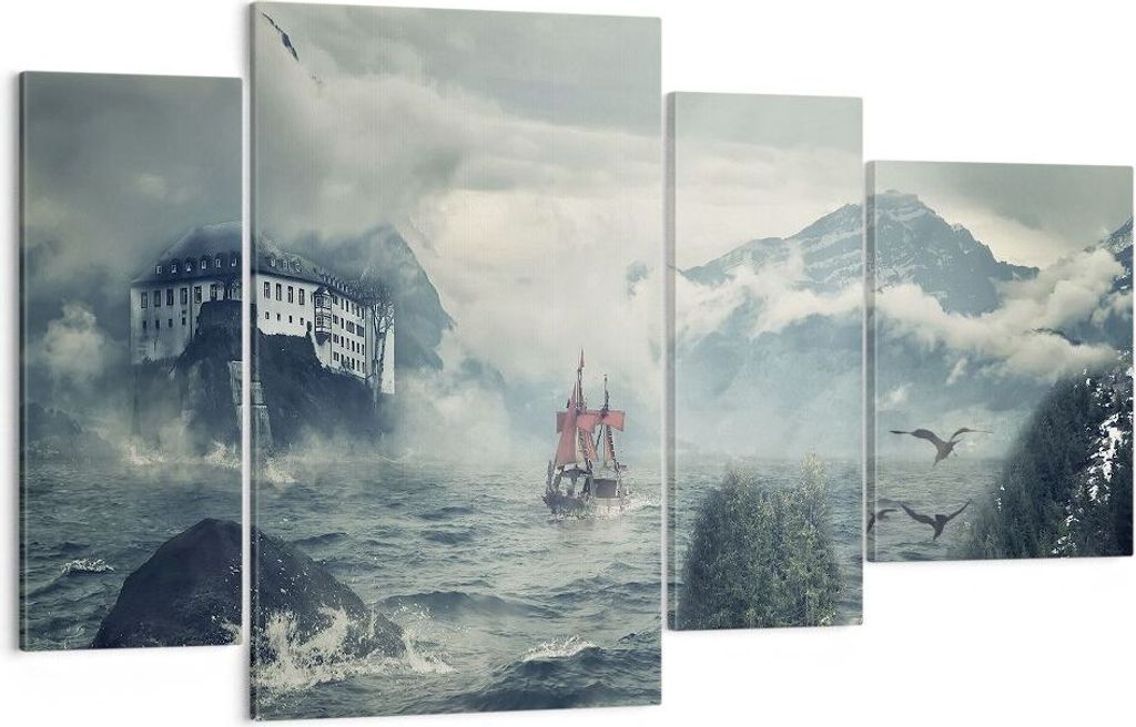 Bild auf Leinwand - Leinwandbild - 4 Teile - Sturm Berge Segelschiff - 120x70cm - Wand Bild - Wanddeko - Wandbilder - Leinwanddruck - Bilder - Wand...