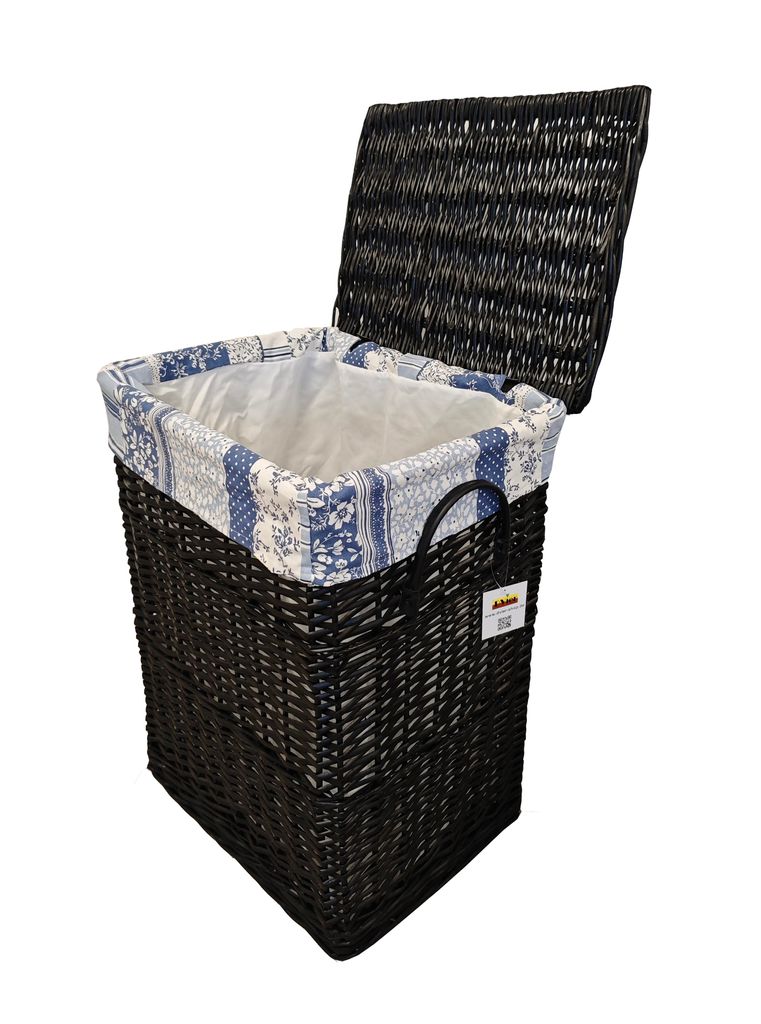 Wäschekorb Wäschetonnen Weide schwarz rechteckig Deckel Bezug Blumenmuster blau 96L