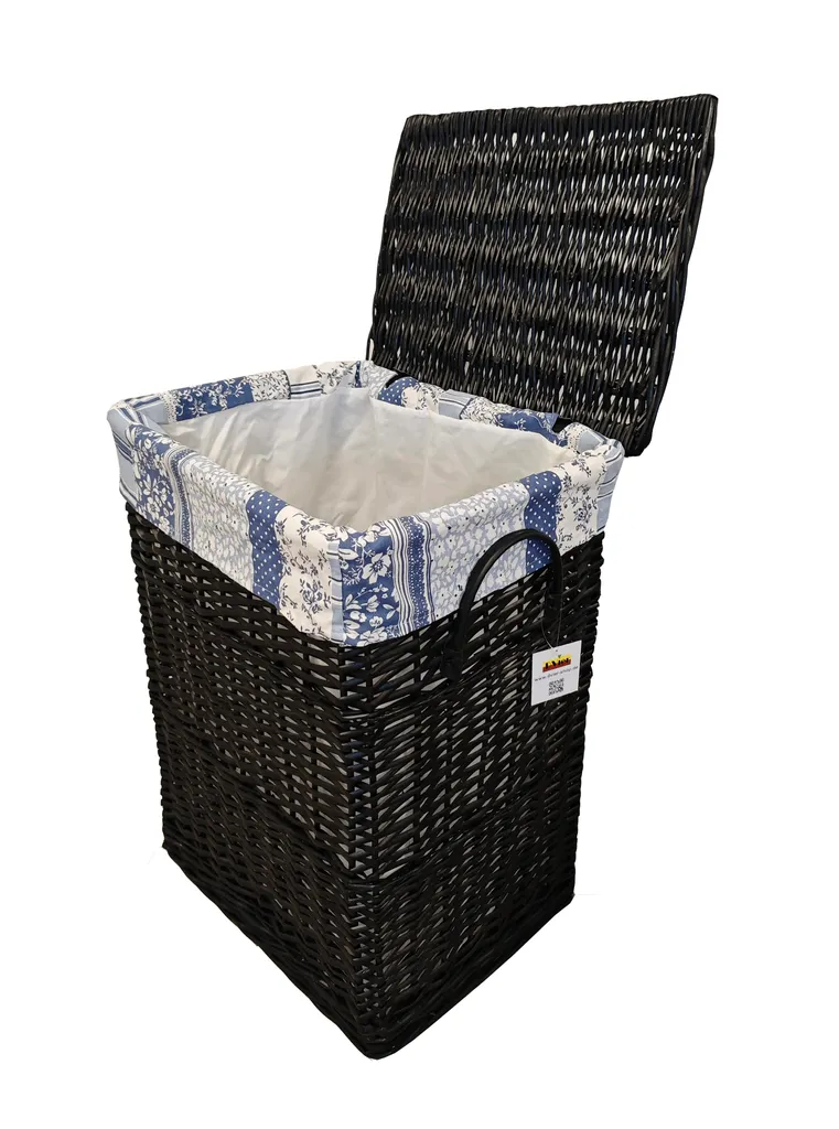 Cesto Biancheria Grande 96L Vimini Nero con Coperchio e Sacco Blu