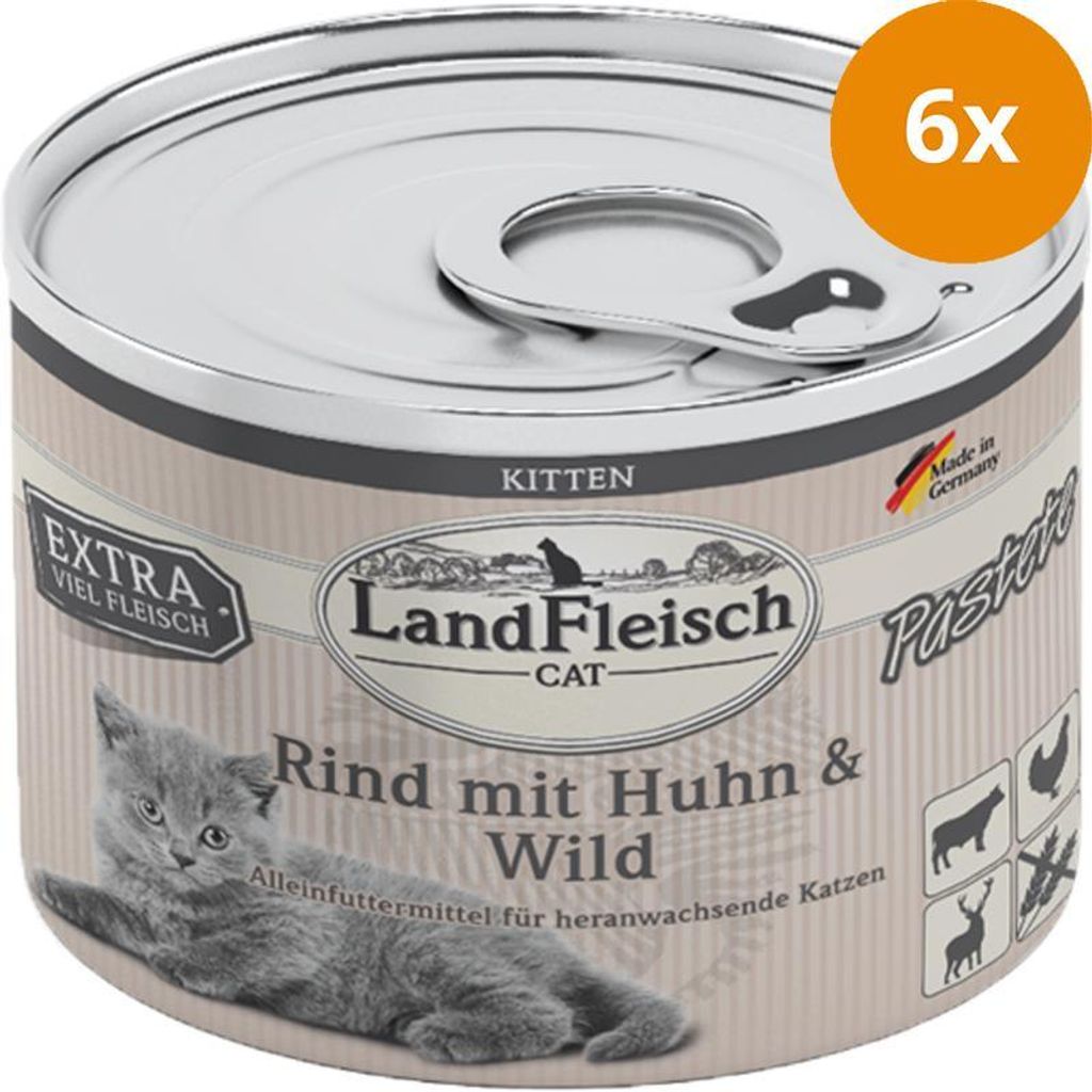 Landfleisch Cat Kitten Pastete Rind Mit Huhn & Wild 195g, Kitten, jede Rasse, Rind, Huhn, 195 g