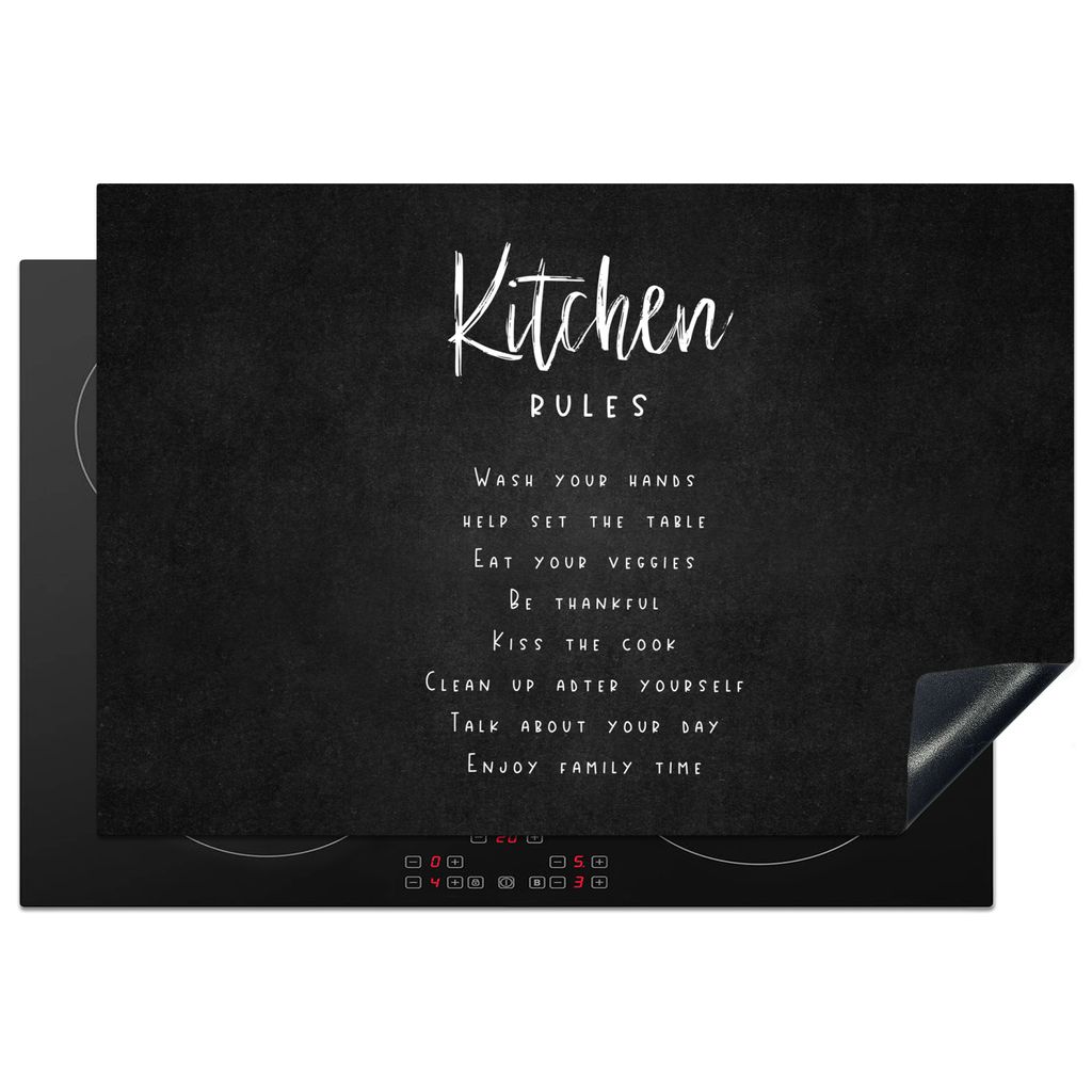 KitchenYeah Herdabdeckplatte Küchenregeln - Schwarz - Weiß , 77x51cm, Küche Deko, Glaskeramikkochfeld Herdabdeckung, Abdeckplatte fùr Kochfeld