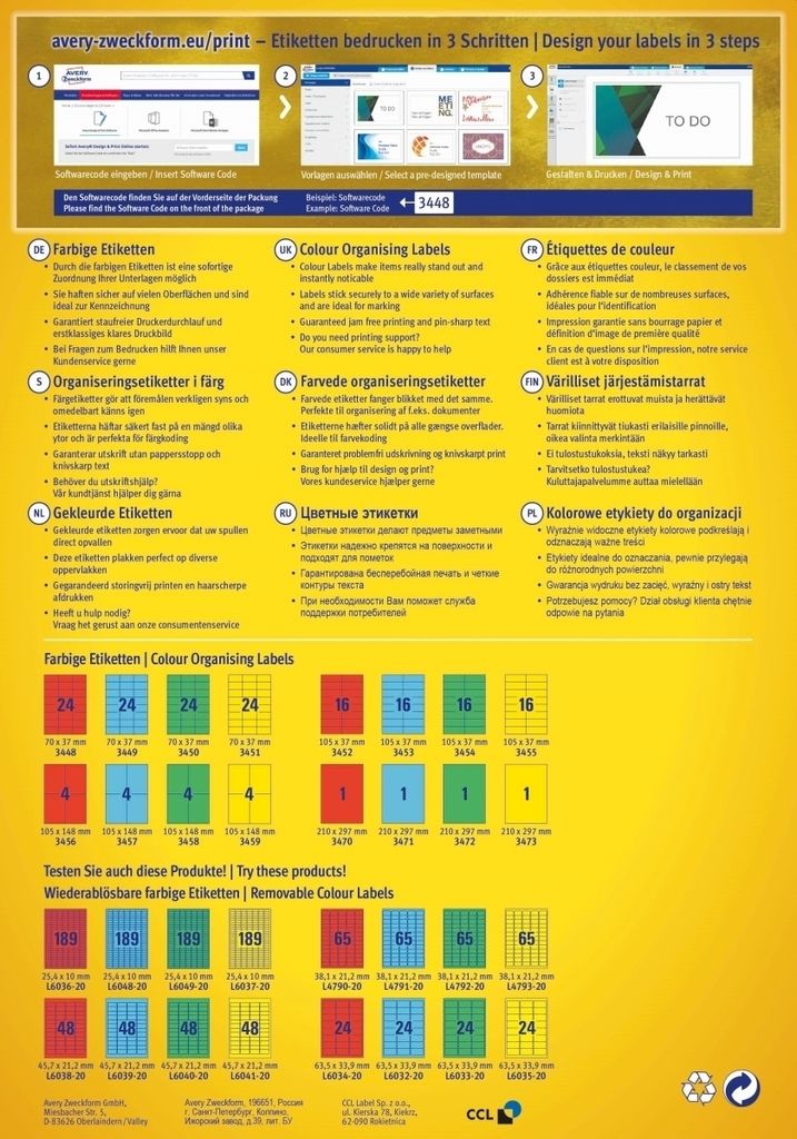 Avery Zweckform - Etikett Zweckform 3451 70x37mm gelb 2400 Stück