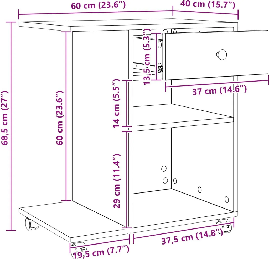 Support imprimante aspect chêne noir 60cm avec étagères de rangement - 10