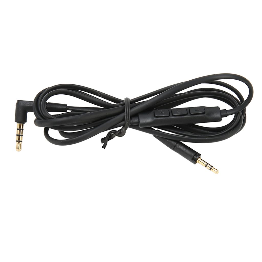 A black headphone cable with a right-angle 3.5mm connector on one end and a straight 3.5mm connector on the other, featuring an inline microphone and volume control.