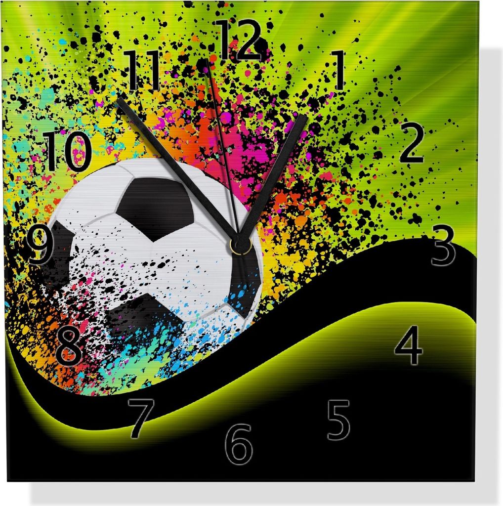 Wallario Design Wanduhr Fußball - Design Wellen und Regenbogen in grün aus Aluverbund, Größe 30 x 30 cm