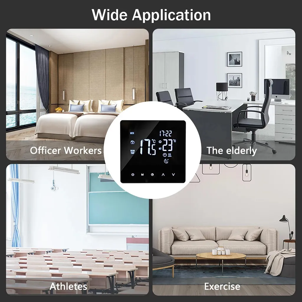 Thermostat programmable hebdomadaire écran tactile LCD 3A Noir Eau