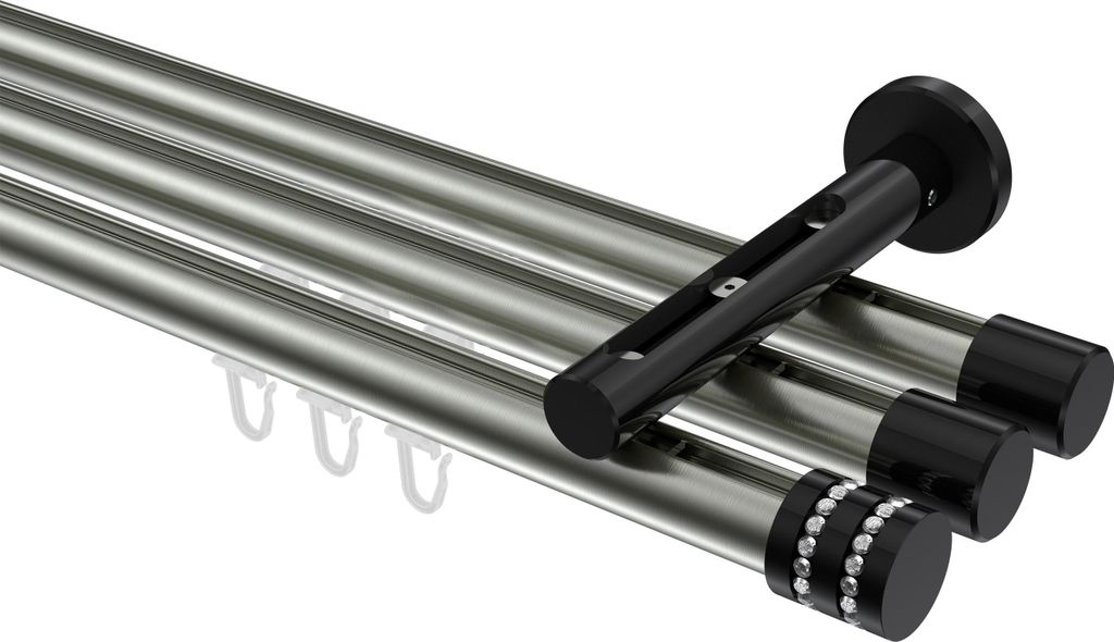 Interdeco Innenlaufstange / Gardinenstange mit Innenlauf Edelstahl-Optik / Schwarz, Typ Siteno Estana (Glitzerkappe), 20 mm Ø 3-läufig, 420 cm