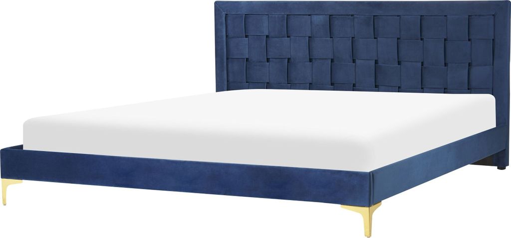 BELIANI Bett Marineblau Samtstoff mit Lattenrost 180 x 200 cm Hohes Kopfteil Goldenes Metallgestell Modern Glamourös Doppelbett Ehebett Schlafzimmer