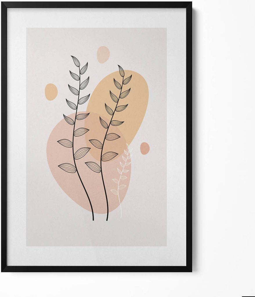 Abstrakte Boho-Pflanzen– Wandbild mit Rahmen – Gerahmtes Bild – Wanddekoration – 70x100 cm – Schwarz Rahmen