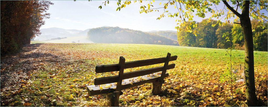Wallario Poster - Idyllische Holzbank in den Bergen, Kunstdruck Größe: 50 x 125 cm