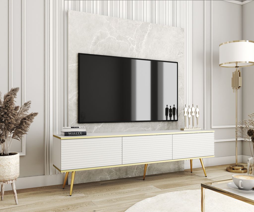 Moderner TV-Schrank mit Push-to-Open-Türen, Weiß mit goldenen Beinen – Selbstmontage erforderlich