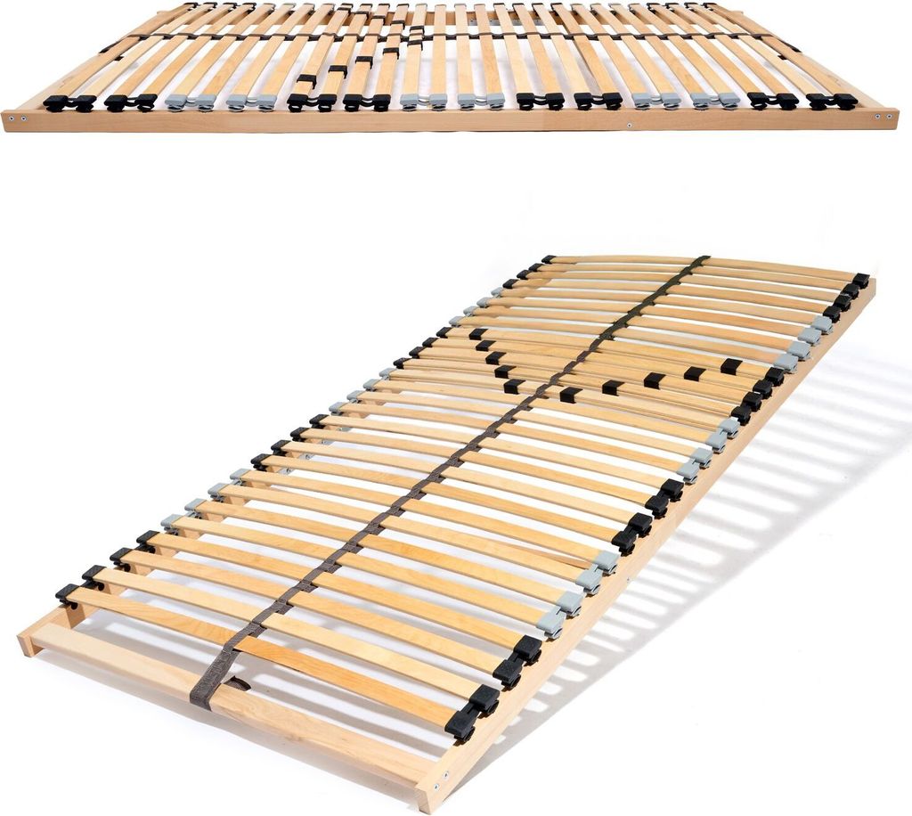 Two views of a wooden slatted bed base against a white background.