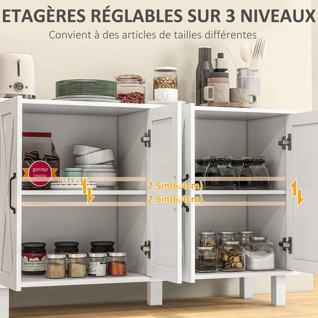 Buffet 4 portes blanc style campagne - Rangement bas avec étagères modulables - 7