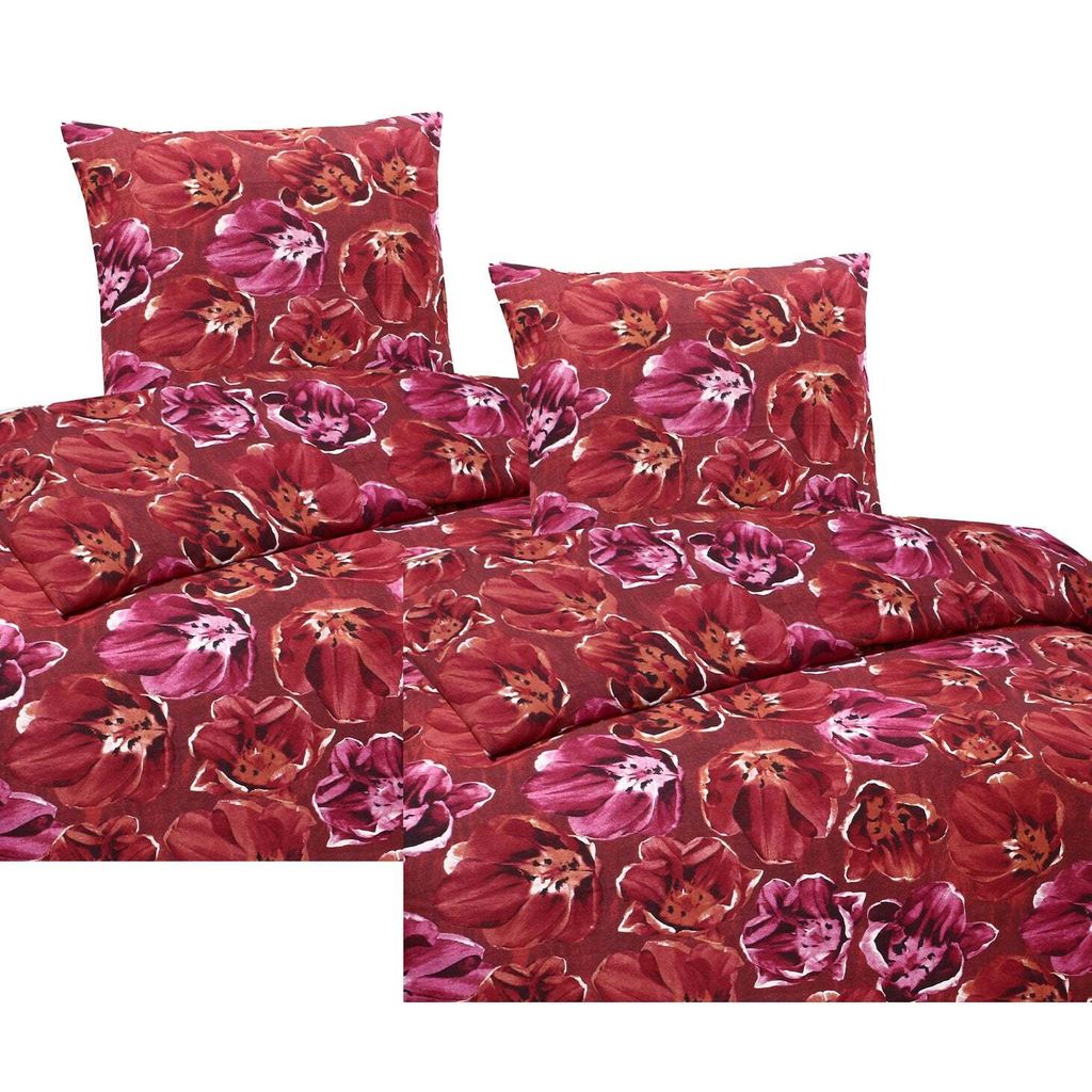 Hochwertige Biber Bettwäsche Baumwolle Blumen Rot 135x200 80x80: 4tlg.