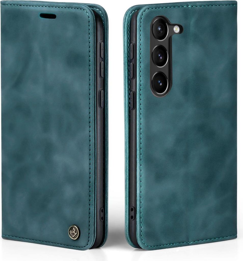 A teal flip cover phone case for a Samsung Galaxy S23 is shown from two angles, one closed and one open to reveal the phone's camera.