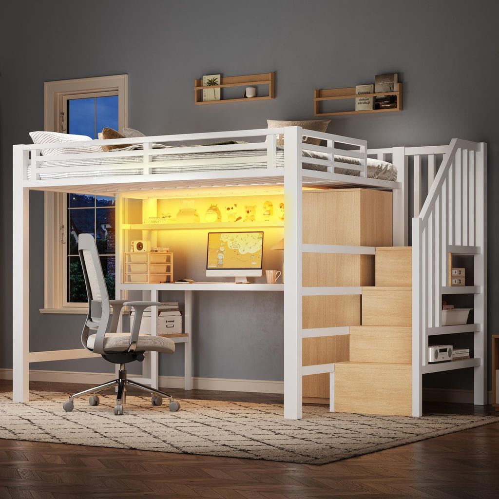 Metall-Hochbett 140x200 mit Schreibtisch, Regal, Kleiderschrank und Stauraumtreppe, Weiß