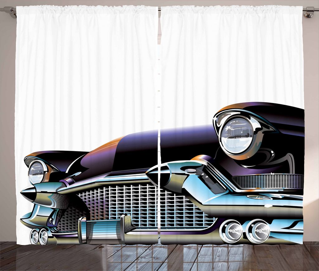 ABAKUHAUS Autos Rustikaler Gardine, Altertümlich Auto, Schlafzimmer Kräuselband Vorhang mit Schlaufen und Haken, 280 x 245 cm, Schwarz Pale Blau ...