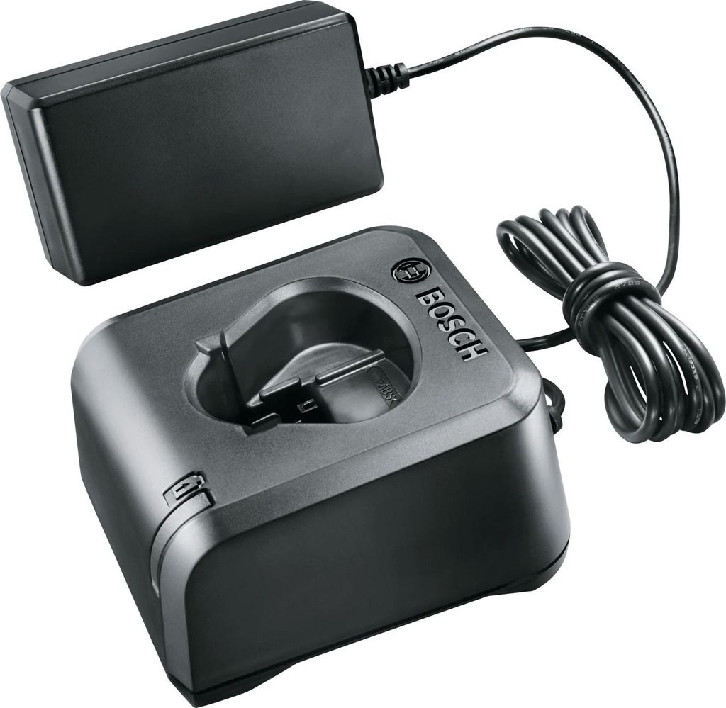 A black Bosch battery charger and power adapter are shown against a white background.