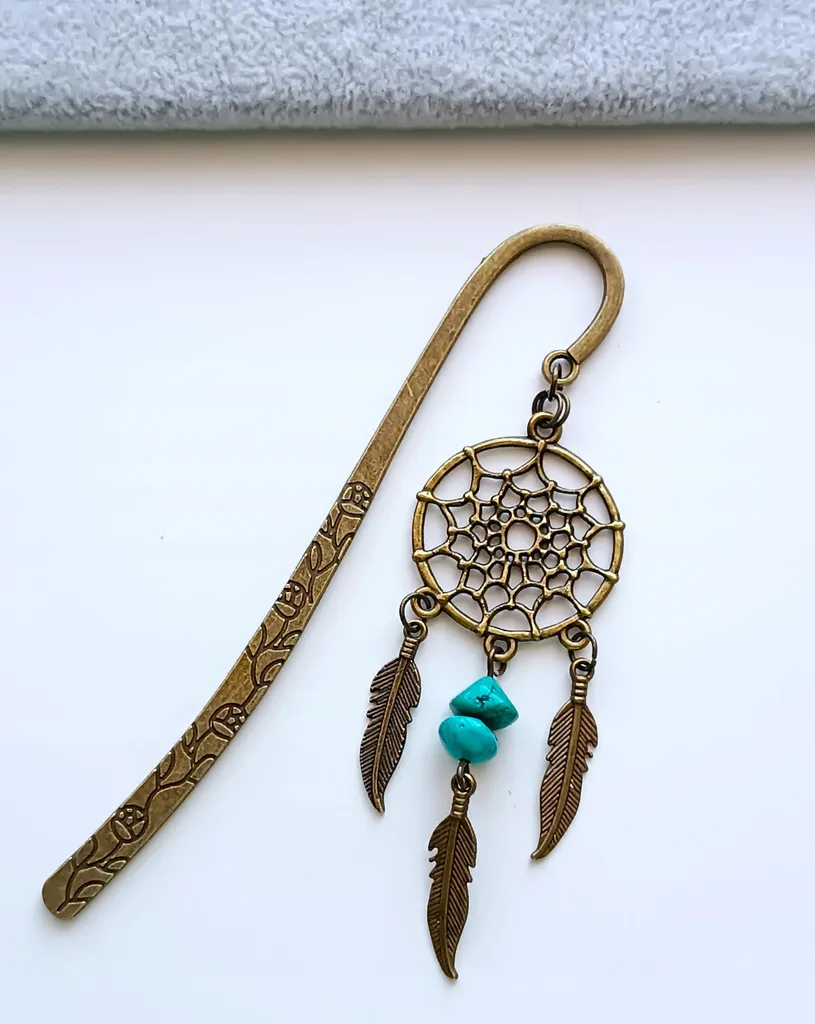 Grande Segnalibro Vintage Acchiappasogni Turchese - Metallo Lavorato