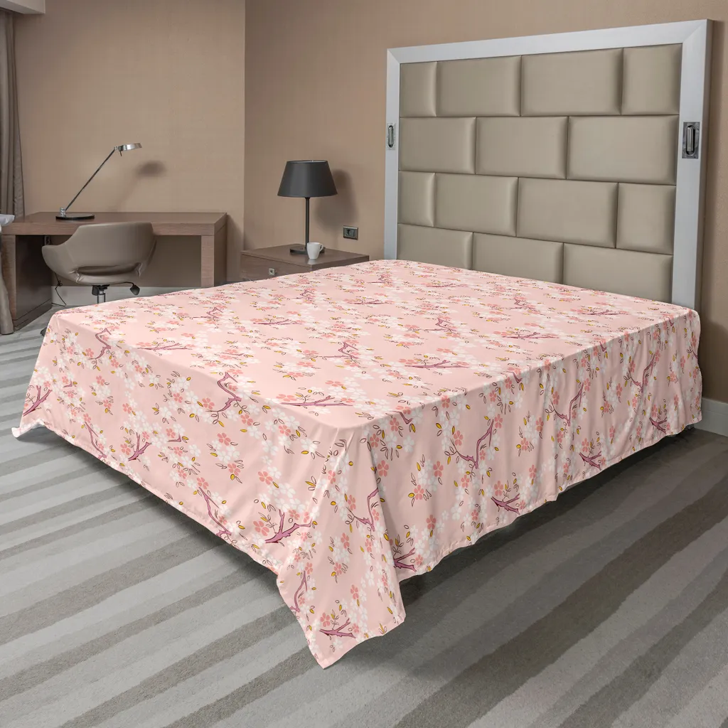 ABAKUHAUS Drap de lit Sakura 260x228 cm, motif japonais en blanc pêche