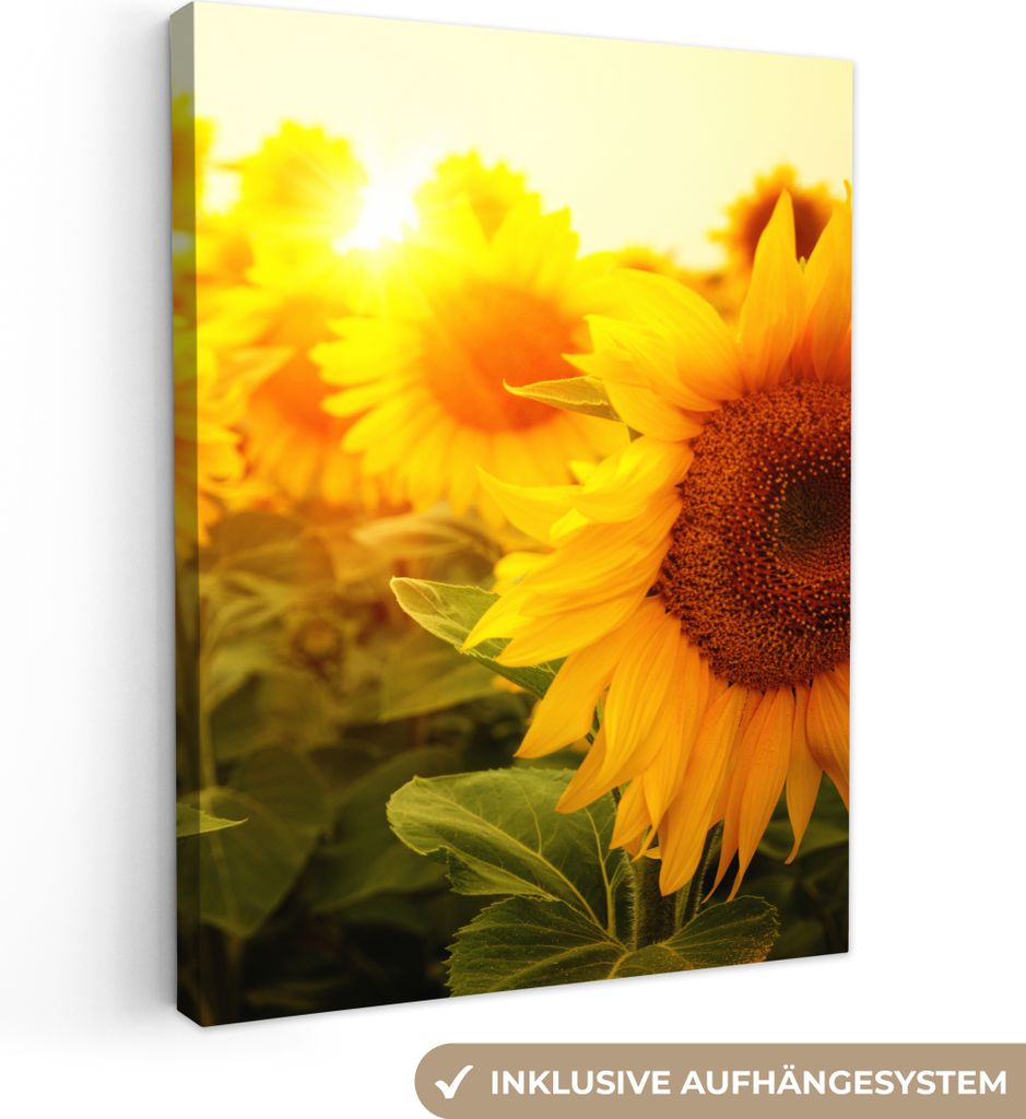 MuchoWow - Leinwandbilder - Sonnenblume - Gelb - Blumen - Sonne, Wandbild, Wanddeko Bilder Wohnzimmer, 90x120 cm