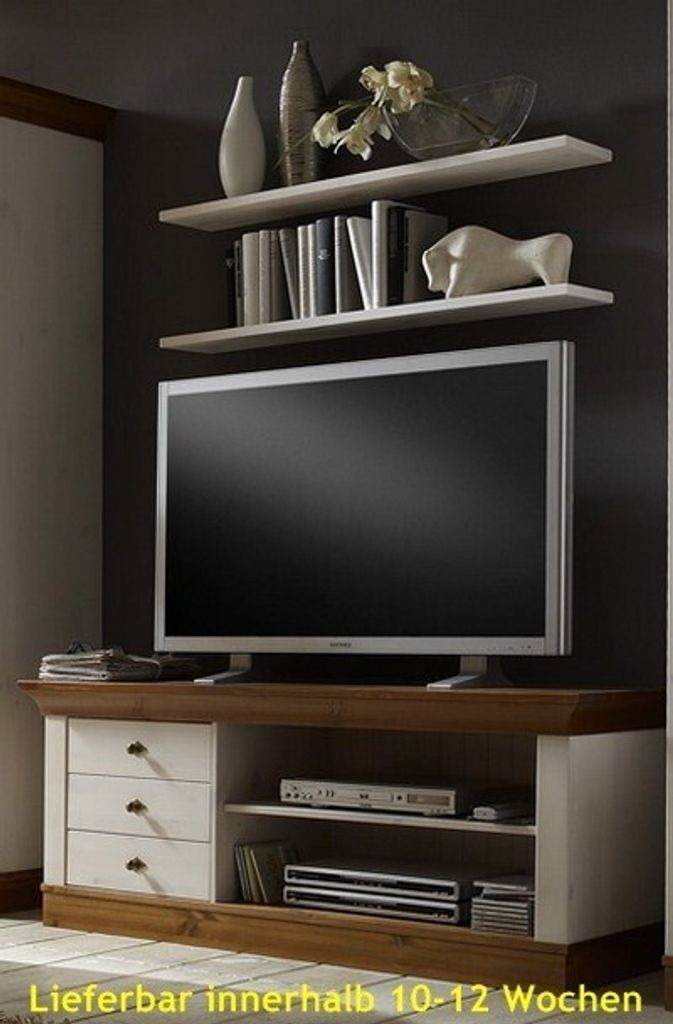 TV-Schrank Lowboard Fernsehschrank TV-Tisch Kiefer massiv Landhausstil, Farbe:weiß / grau