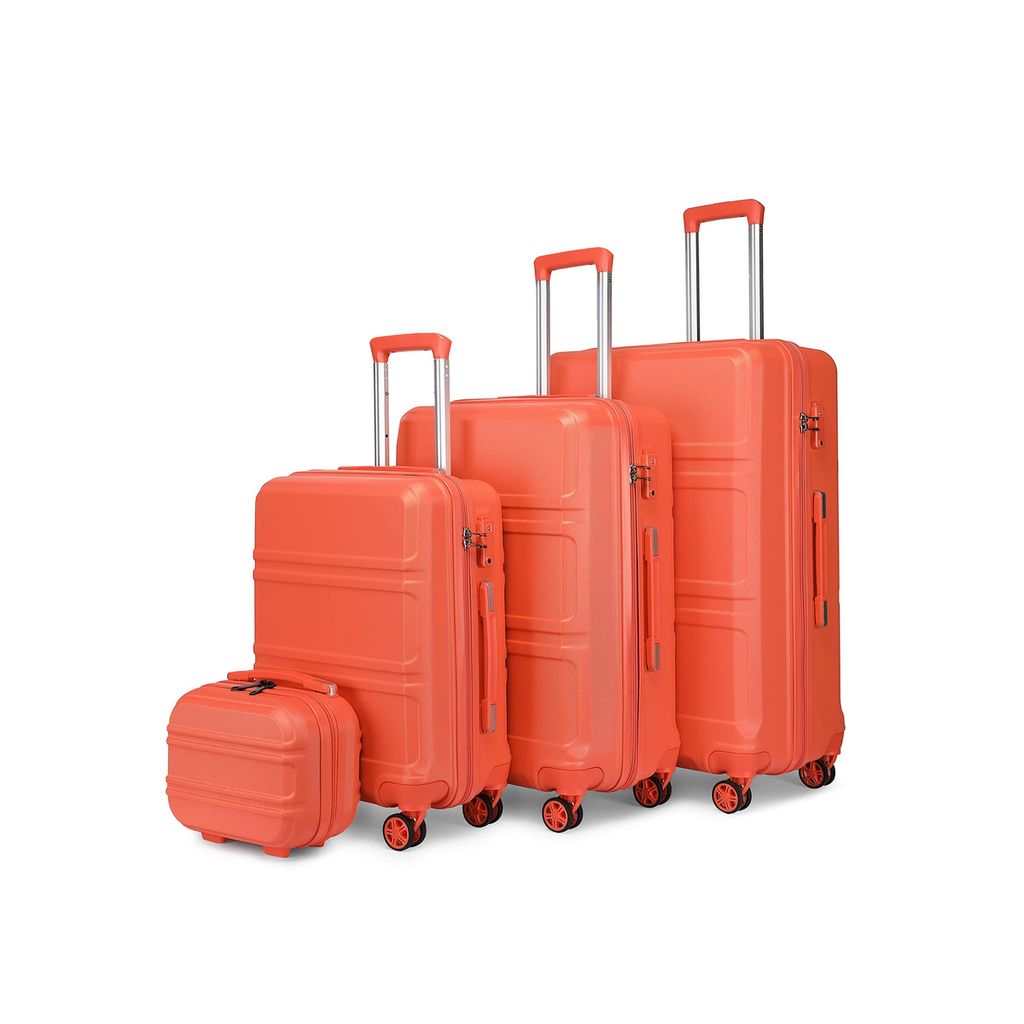 A set of four orange suitcases of varying sizes arranged on a white background.