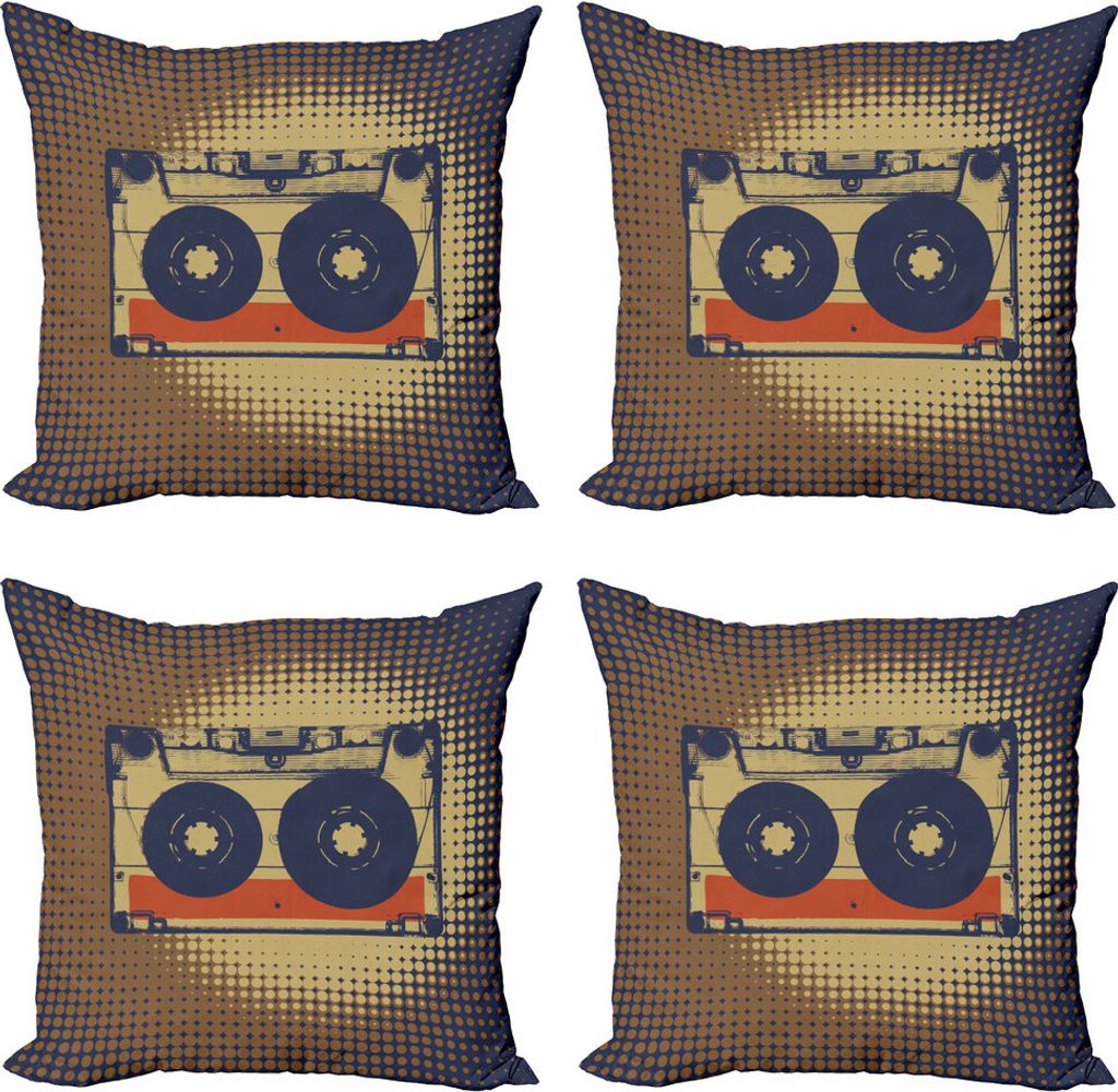 ABAKUHAUS 70s-Party Kissenbezug Set (4 Stück), Audiocasette Music Fun, Moderner Doppelseitiger Digitaldruck, 60 cm x 60 cm, Nachtblau Tan orange