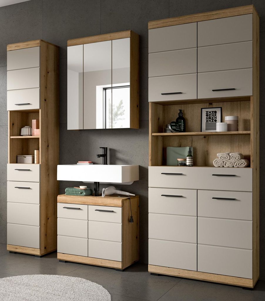 Badmöbel Set 4-teilig "Shawn" in Sand Kashmir und Evoke Eiche Badkombination 200 x 191 cm