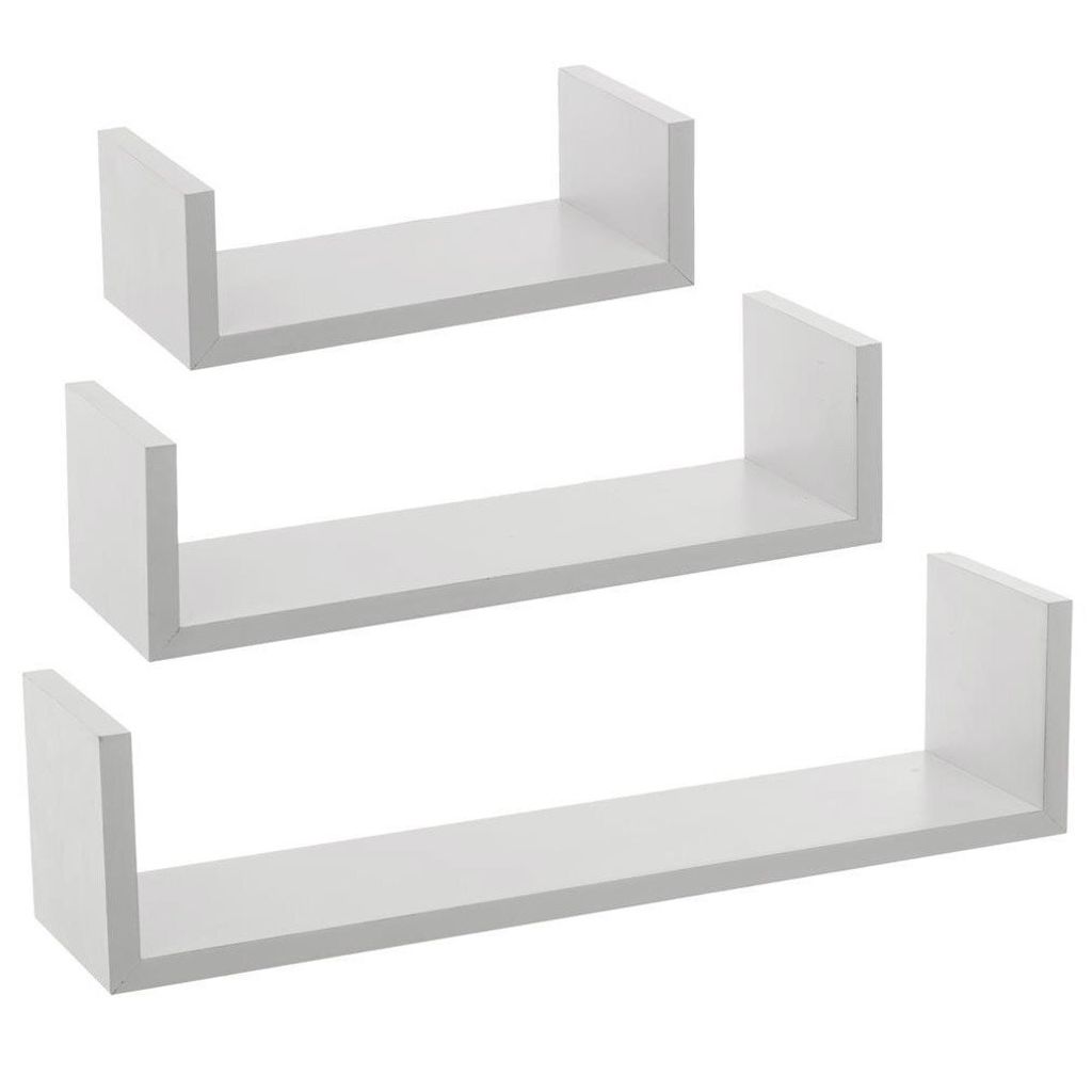 Three white U-shaped shelves of varying sizes are arranged diagonally on a white background.