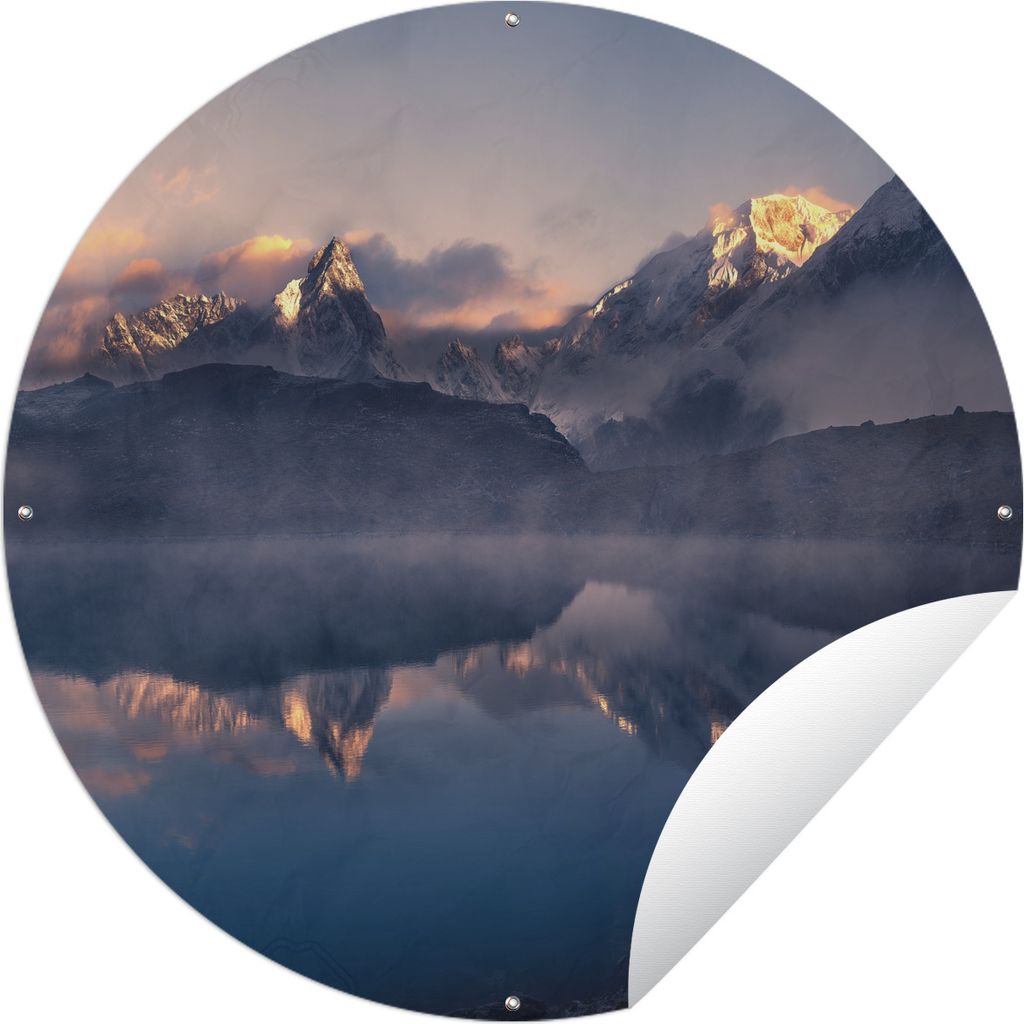 MuchoWow Gartenposter Outdoor-Poster Rund Landschaft - Wasser - Berg - Schnee - Sonnenuntergang Ø 90 cm Gartendeko Rundes Poster draußen