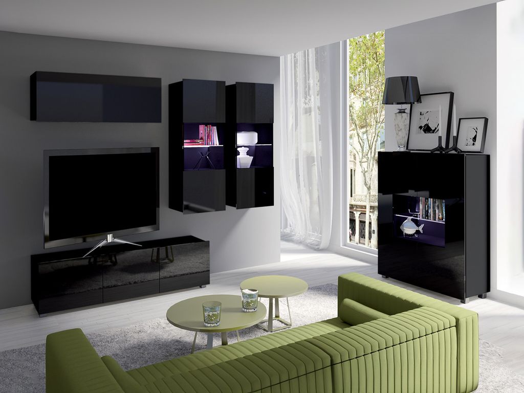 Wohnzimmer-Set CALABRINI-6 Wohnwand Hängewohnwand Schrankwand mit LED-Beleuchtung TV-Schrank Vitrine Kommode Moderne Anbauwand Hochglanz (Schwarz)