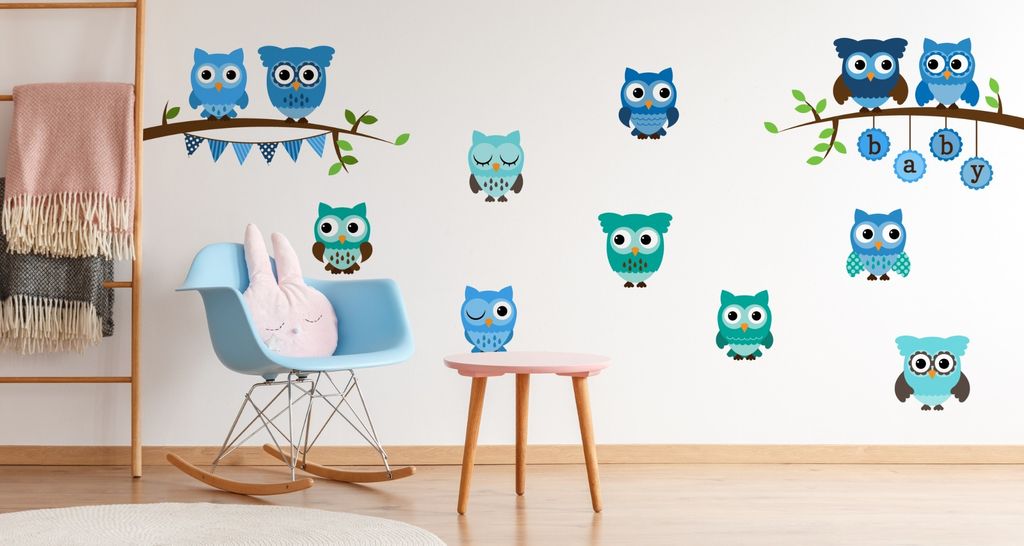 Muralo Wandsticker Bunte Eulen auf dem Zweig 75 x 150 cm Wandtattoo Wanddeko Aufkleber Set Kinderzimmer XXL