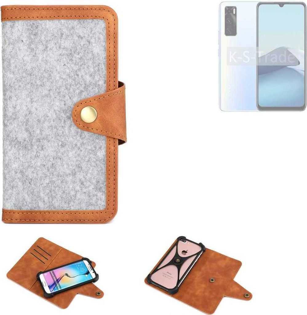 K-S-Trade Handyhülle kompatibel mit Vivo Y70 Schutzhülle Filz-Hülle Kunst-Leder hellgrau braun (1x)