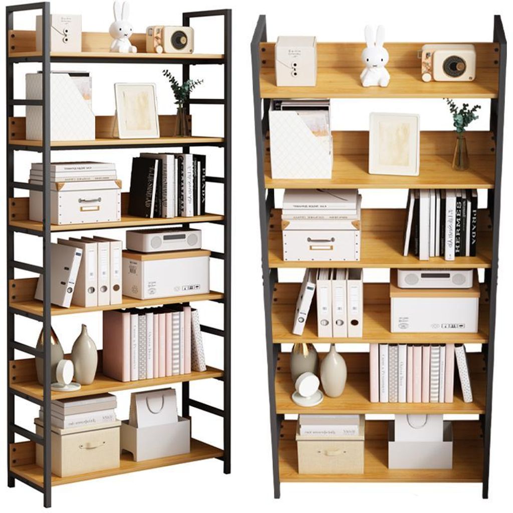 Two identical bookshelves are shown side-by-side against a white background, displaying various items on their shelves.