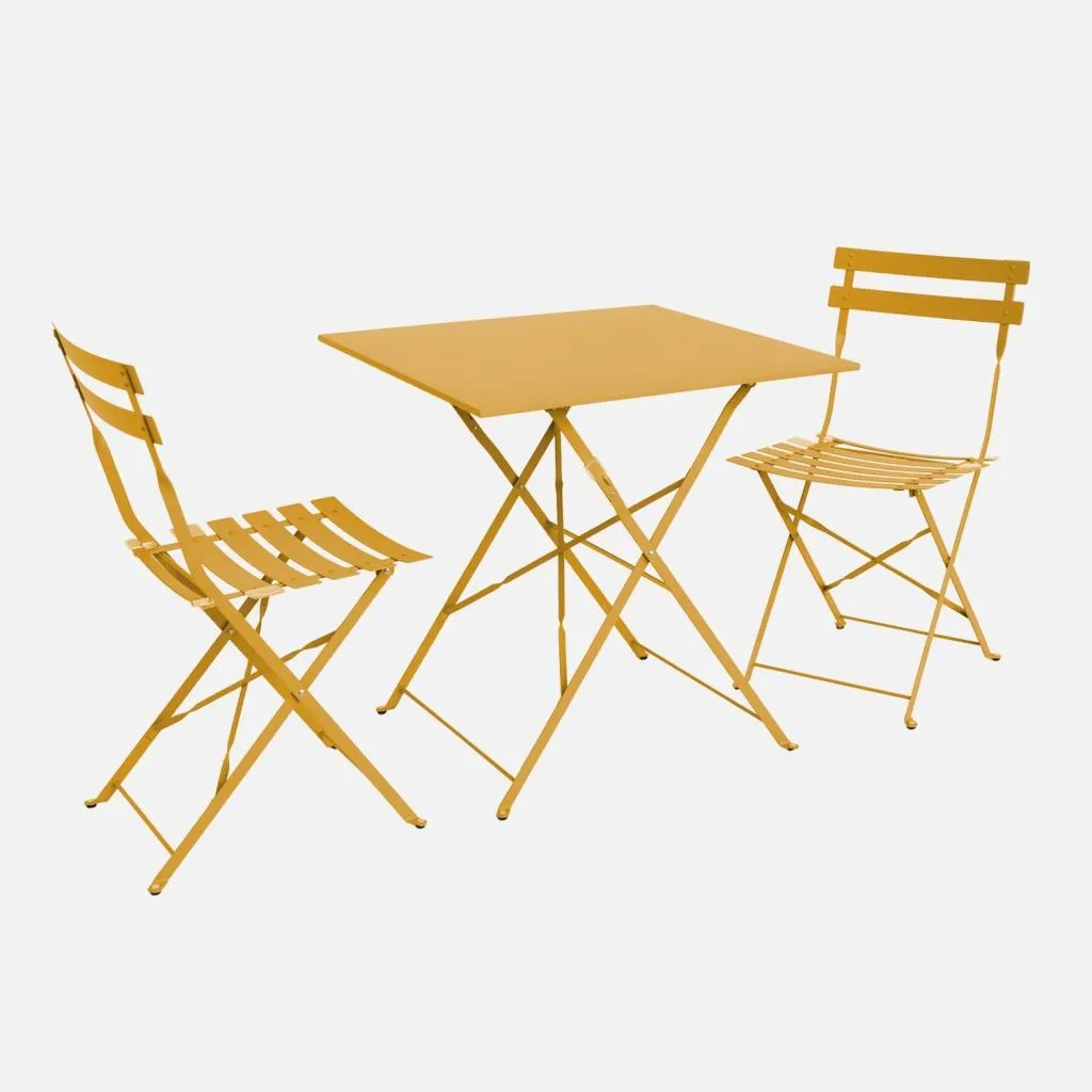 Set tavolo da giardino bistrot pieghevole in metallo con 2 sedie, Ocra