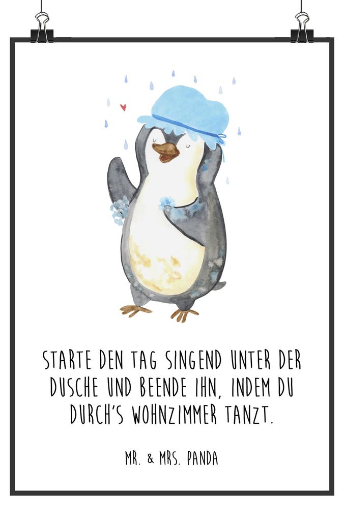 Mr. & Mrs. Panda Bild Pinguin Duschen DIN A2 - Weiß - Geschenk, Wandbild, Motivation, kunstdruck poster, Singen, Duschkonzert, wanddeko, Baden, dr...