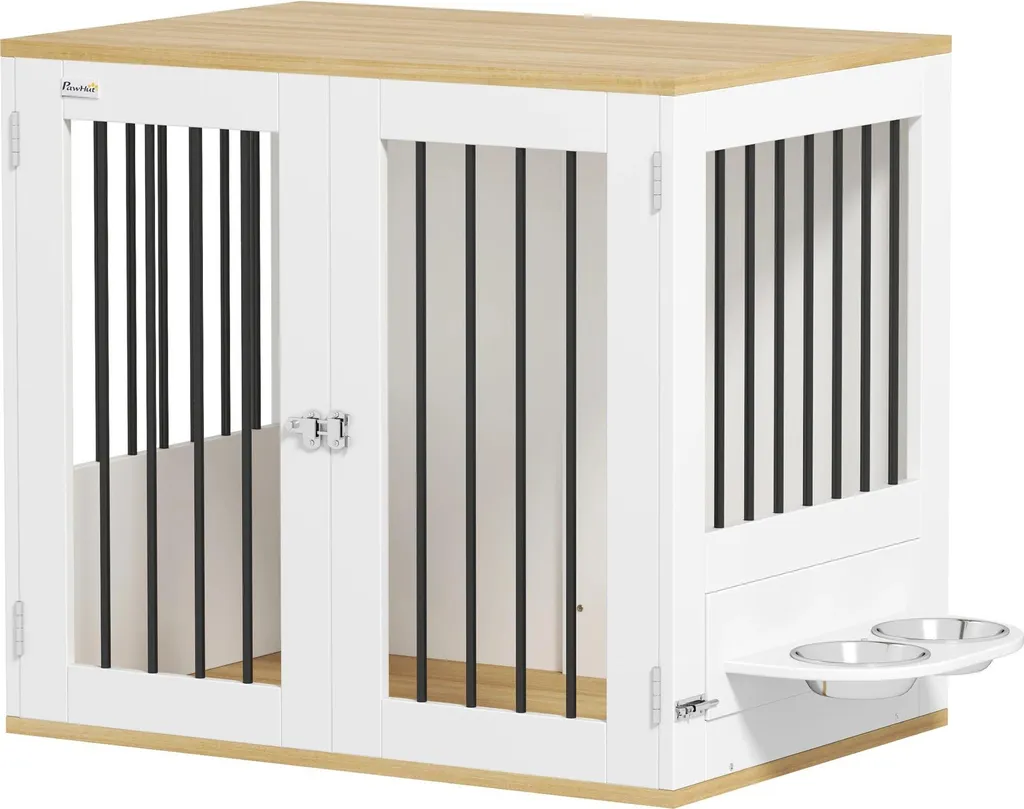 Cage pour chien en bois mélaminé avec auge rotative 360° blanche