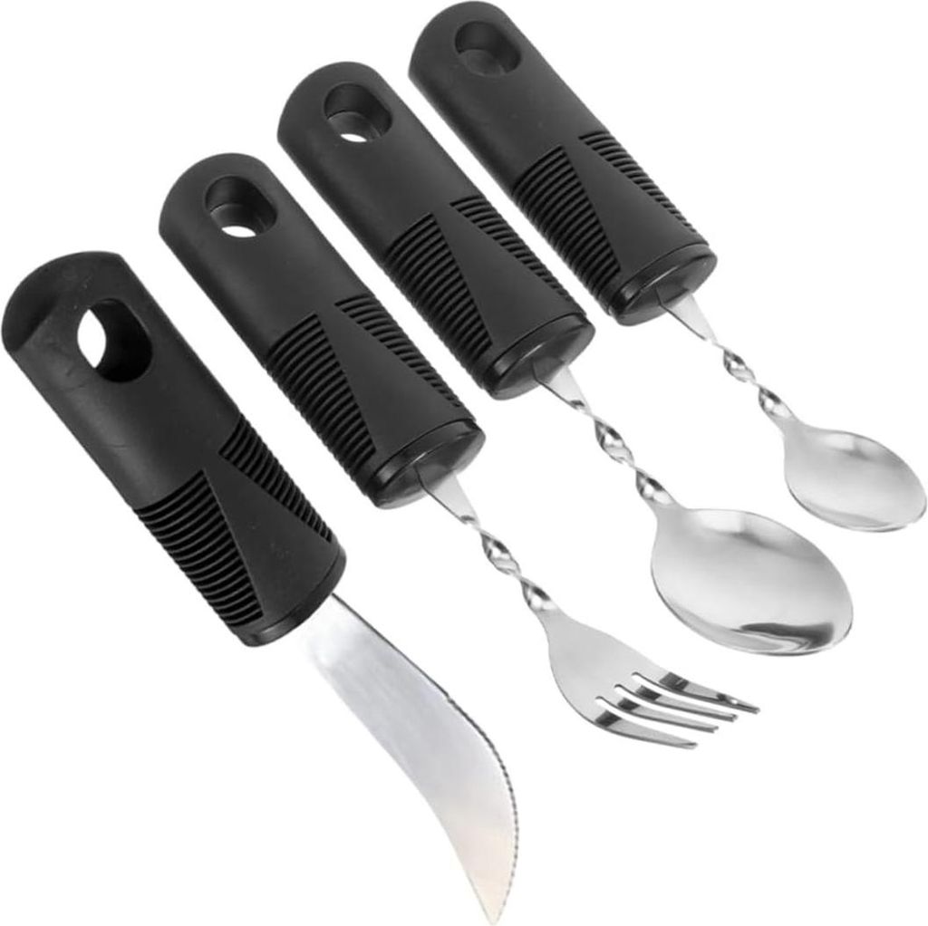 4 teiliges Spezialbesteck bei Parkinson, ergonomisch verdickter flexibler Griff, Esshilfe für Senioren und Arthrose