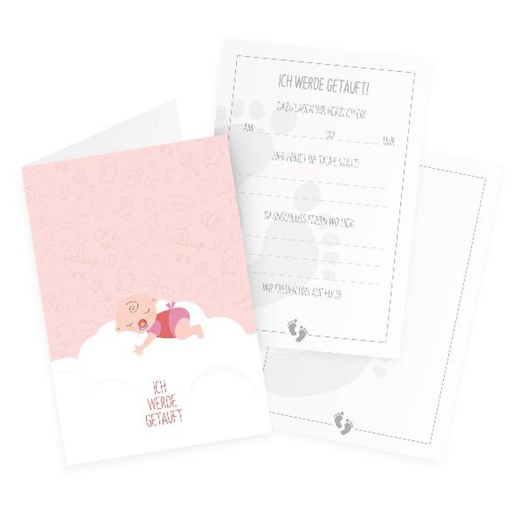 itenga 12x Klappkarten "Ich werde getauft" Baby auf Wolke rosa pastell