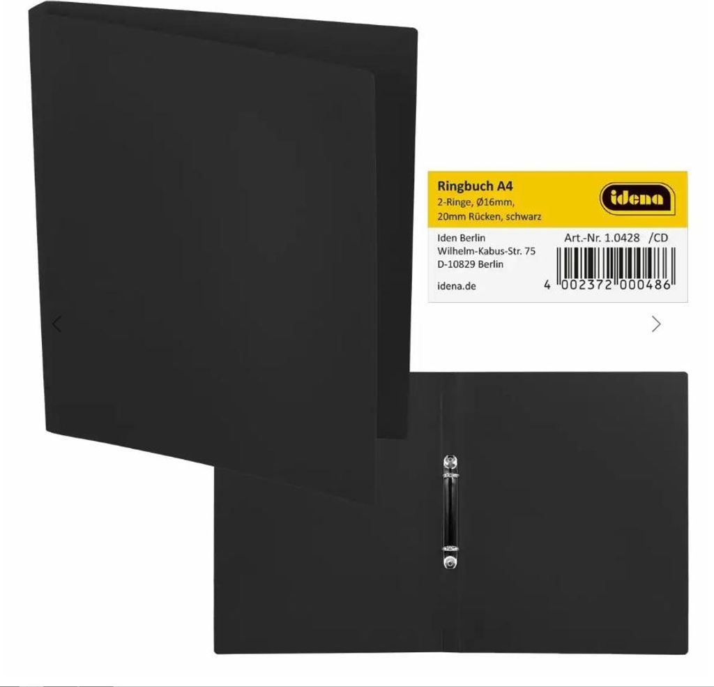 IDENA Ringbuch A4 2 Ringe PP Idena schwarz 20mm Produktbild 