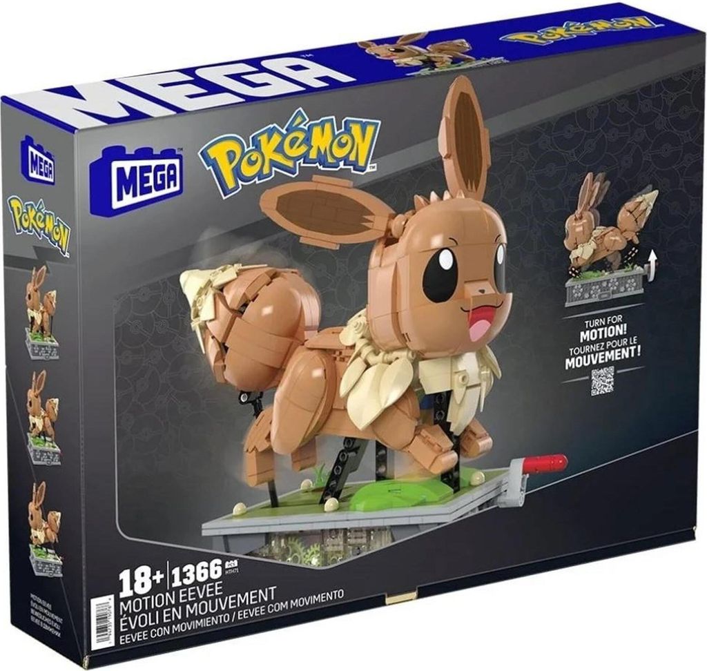 The image shows the packaging for a Mega Construx Pokemon Motion Eevee building set.